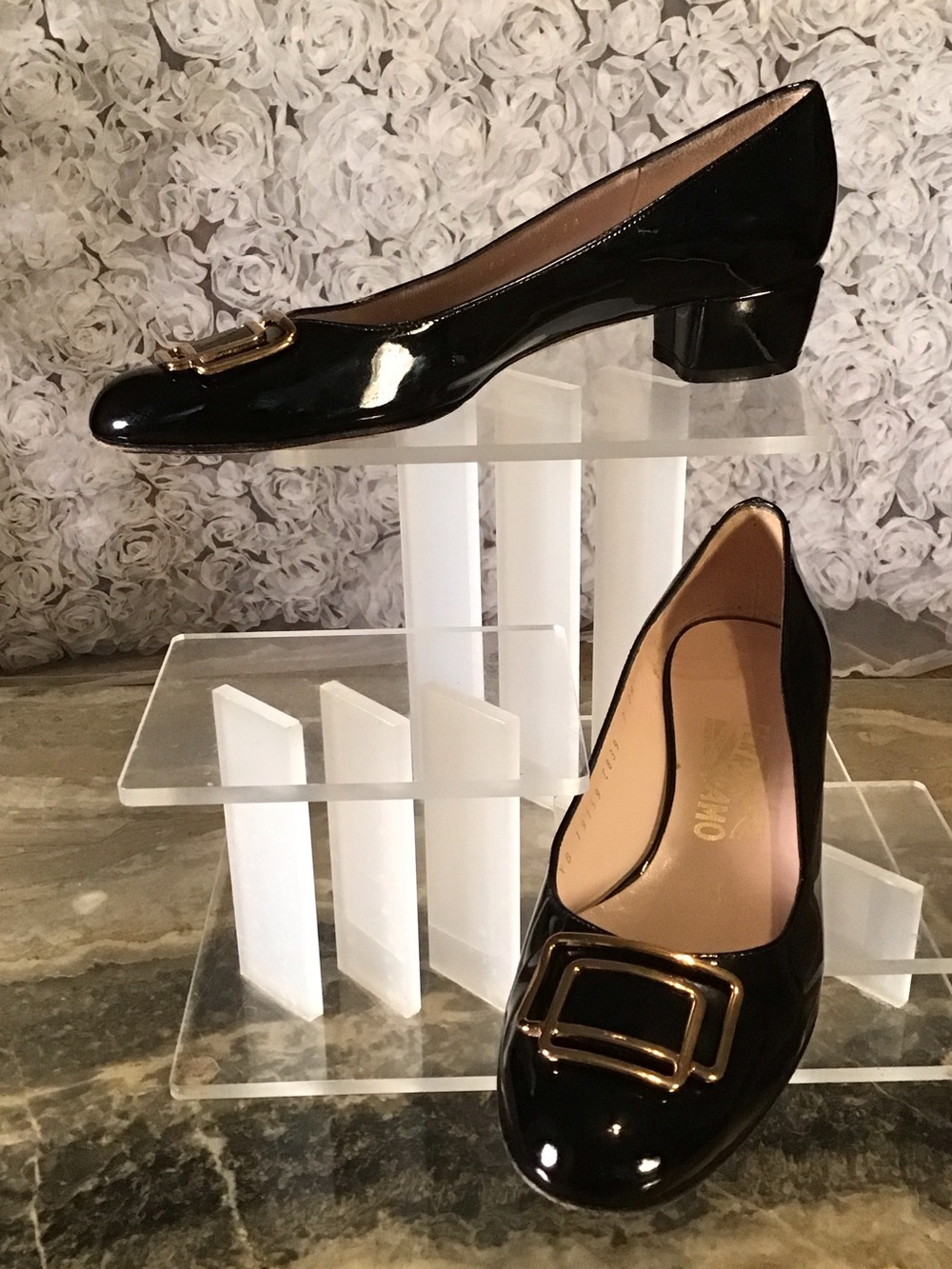 Salvatore Ferragamo Black Patent Leather Low Block Heel Pumps with Gold Buckle